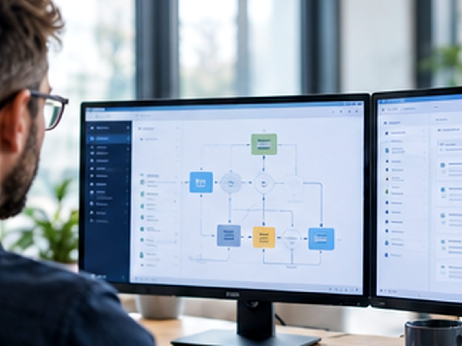 An architect works on workflow screens in an office.
