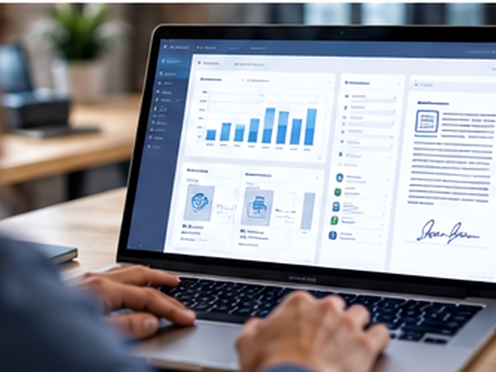 An analyst reviews dashboards and documents on a laptop.